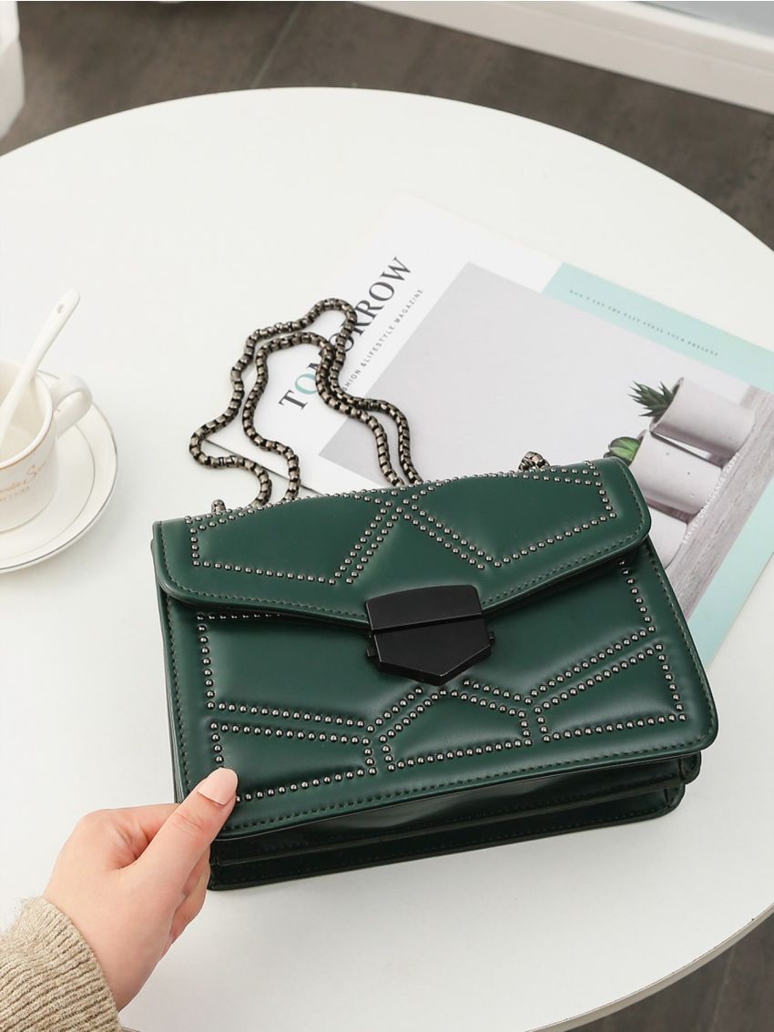 Studded Decor Flap Chain Square Bag