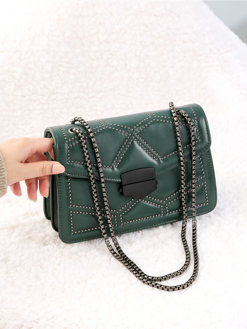 Studded Decor Flap Chain Square Bag