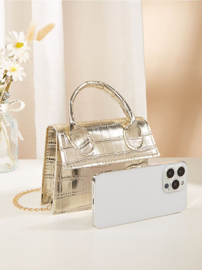 Mini Croc Embossed Flap Satchel Bag