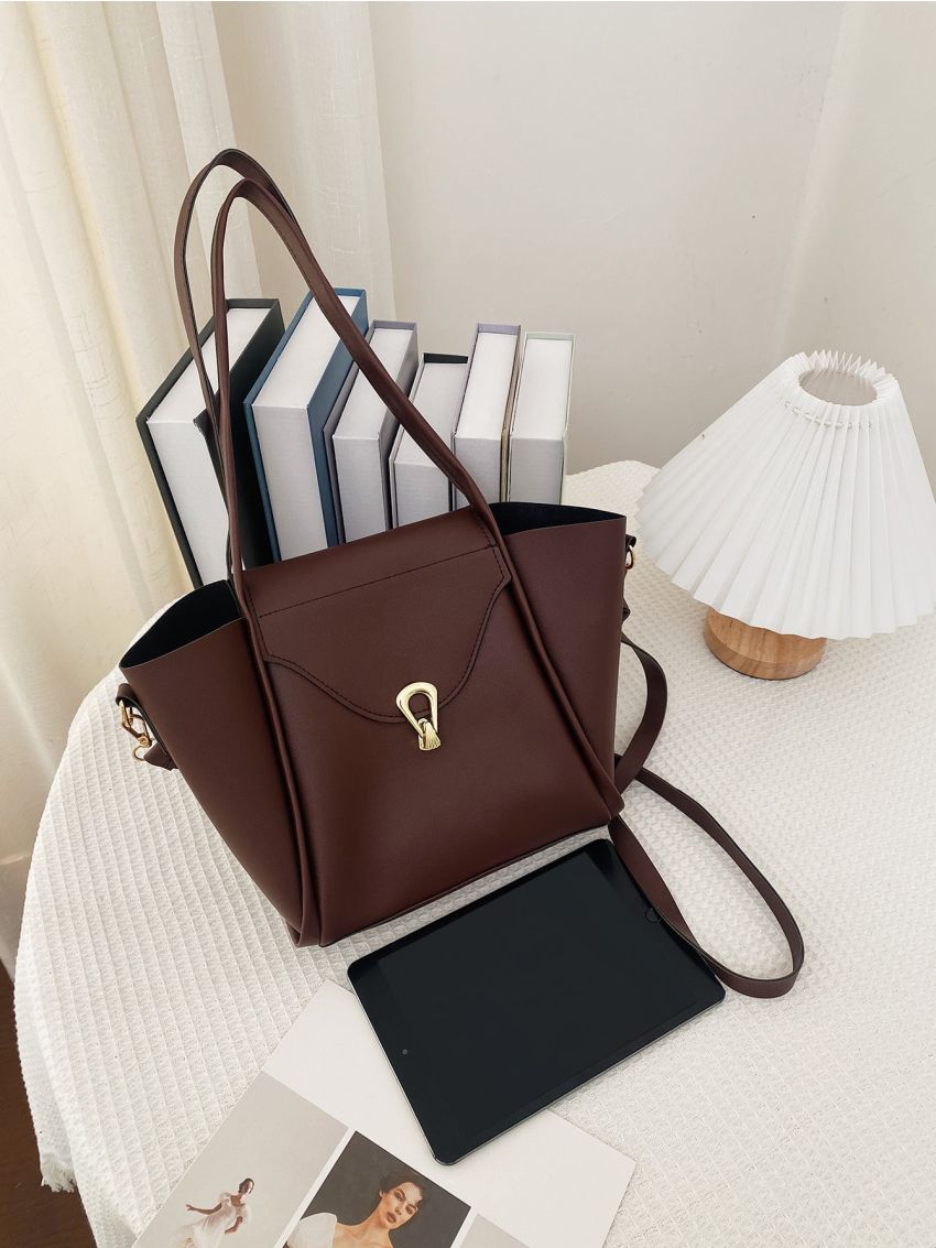 Metal Decor Flap Shoulder Tote Bag