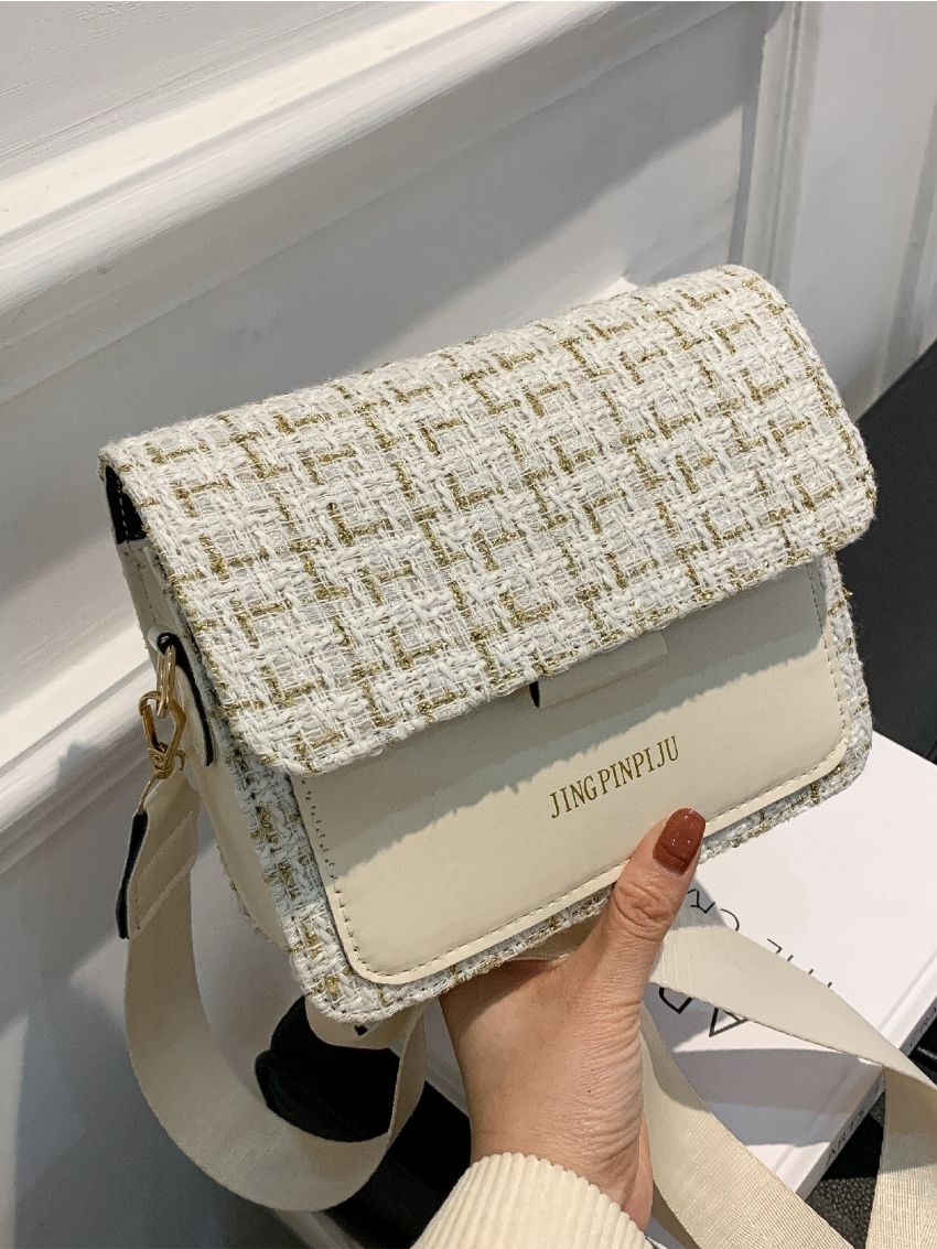 Mini Letter Graphic Tweed Flap Square Bag