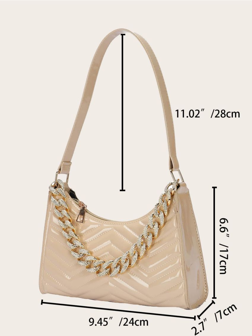 Chain Decor Quilted Pattern Baguette Bag