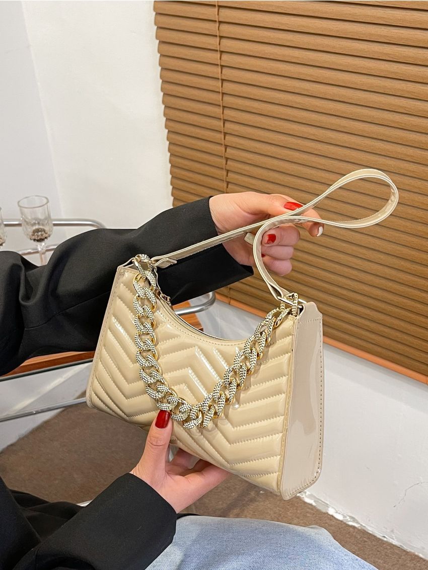 Chain Decor Quilted Pattern Baguette Bag
