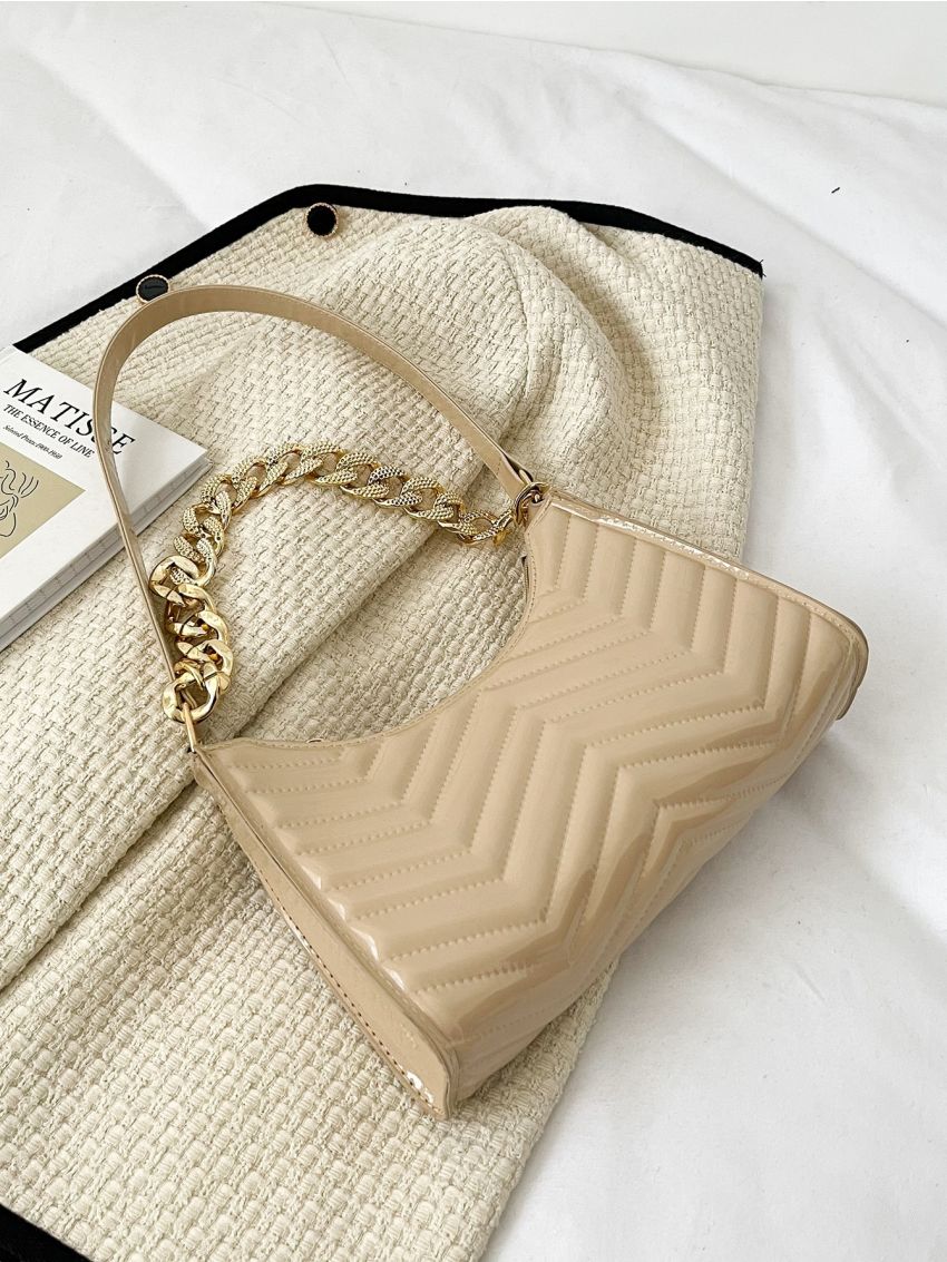 Chain Decor Quilted Pattern Baguette Bag