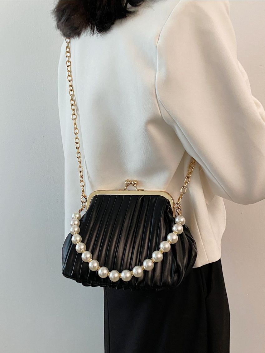 Faux Pearl Decor Ruched Bag