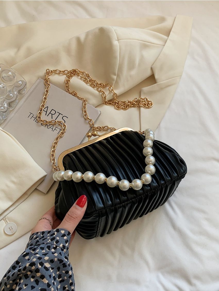 Faux Pearl Decor Ruched Bag
