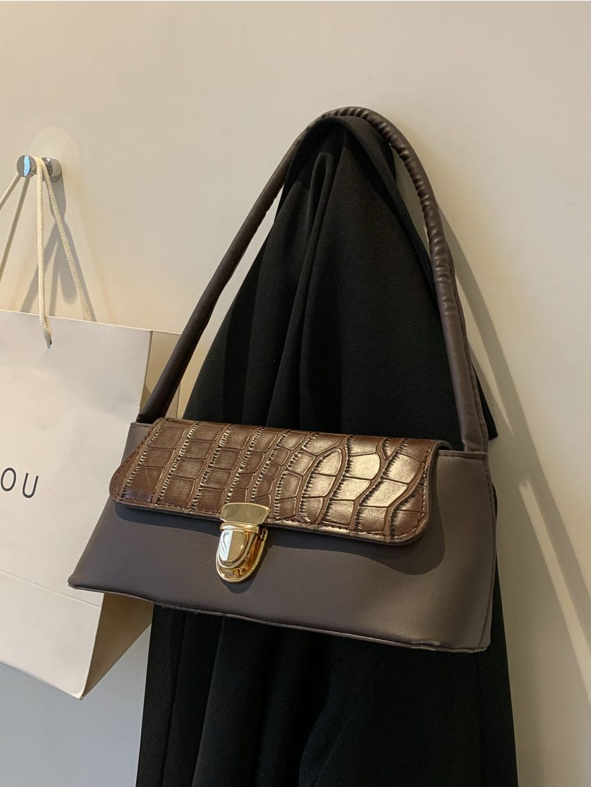 Push Lock Design Crocodile Embossed Baguette Bag