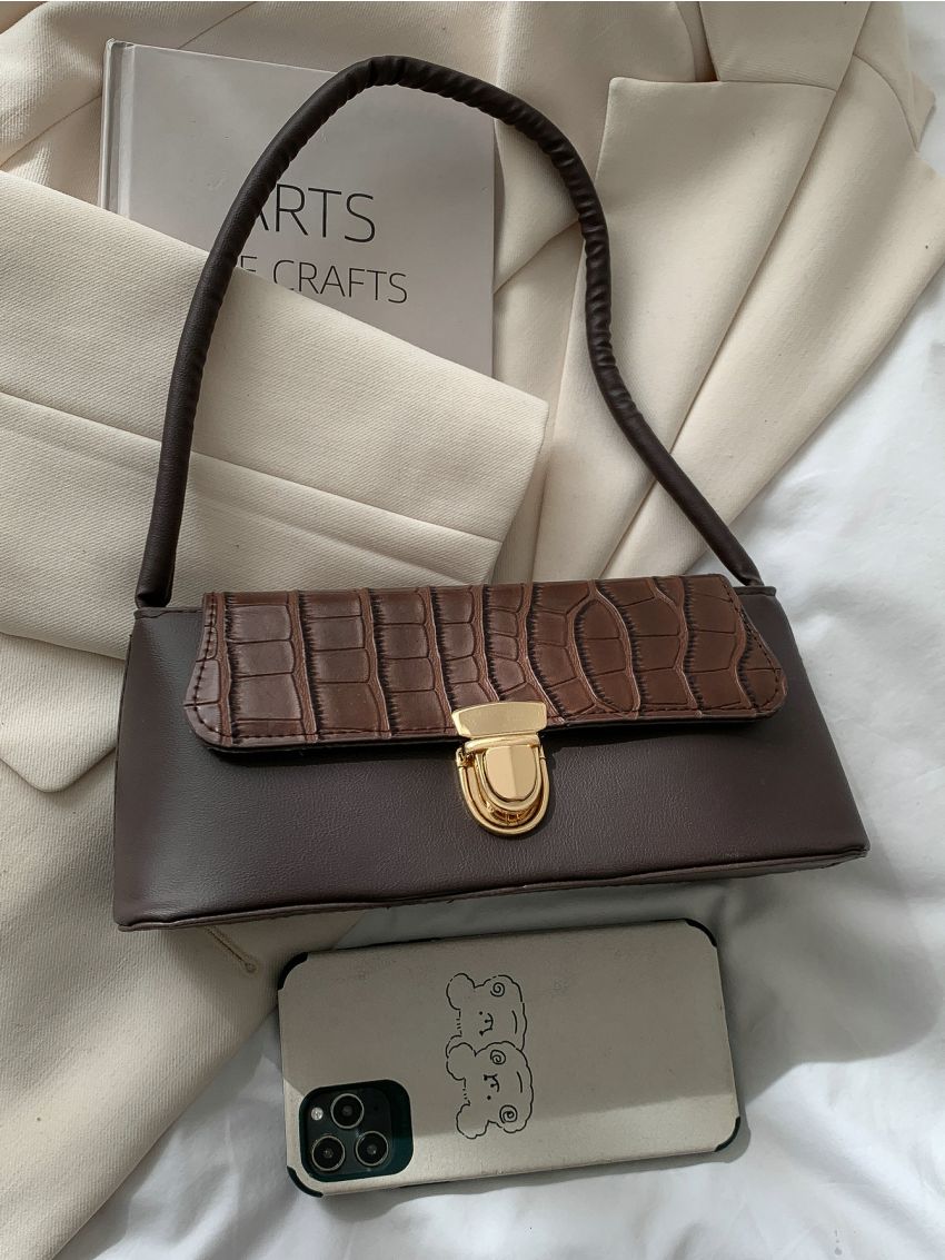 Push Lock Design Crocodile Embossed Baguette Bag