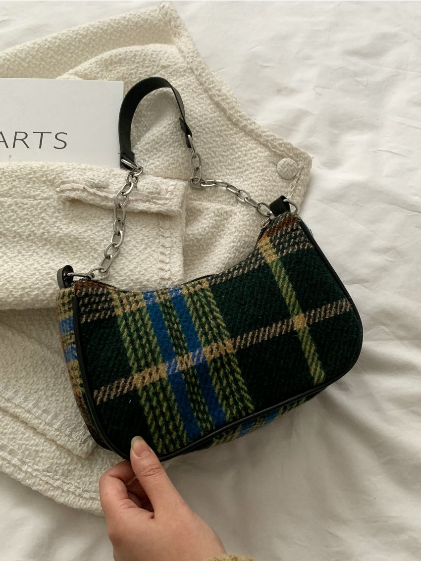 Tartan Pattern Chain Baguette Bag