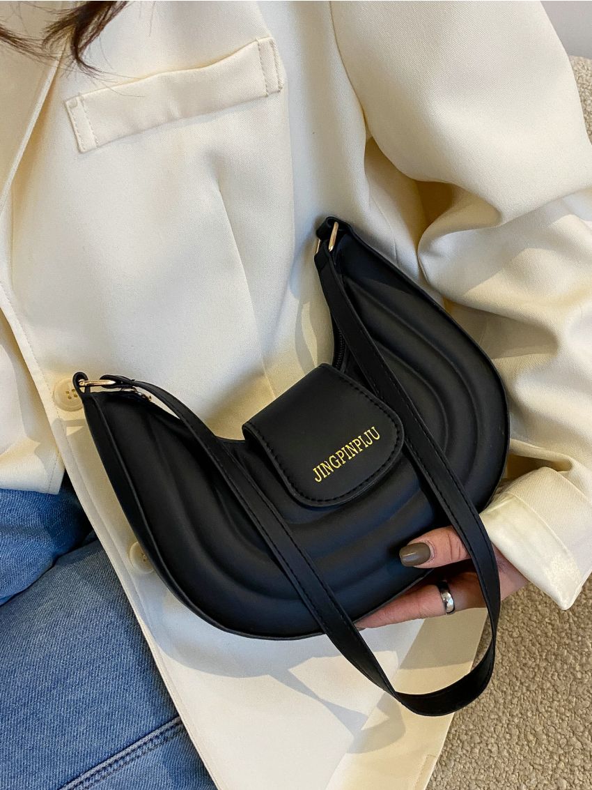 Letter Graphic Flap Baguette Bag