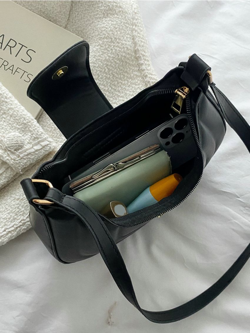 Letter Graphic Flap Baguette Bag