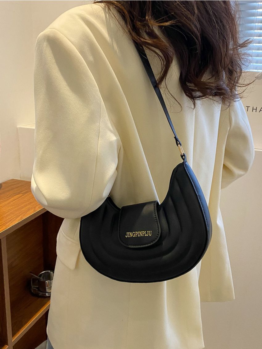 Letter Graphic Flap Baguette Bag