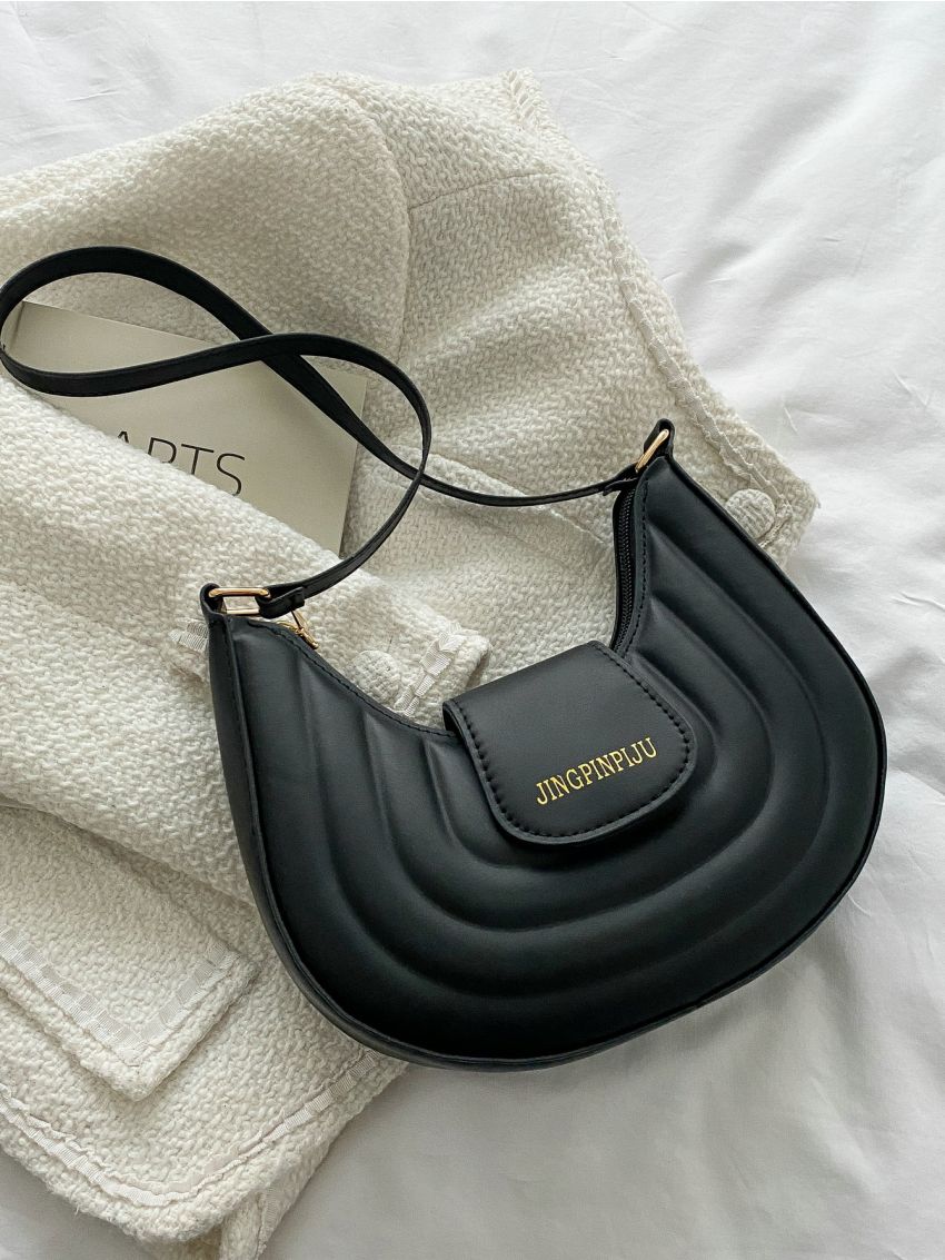 Letter Graphic Flap Baguette Bag