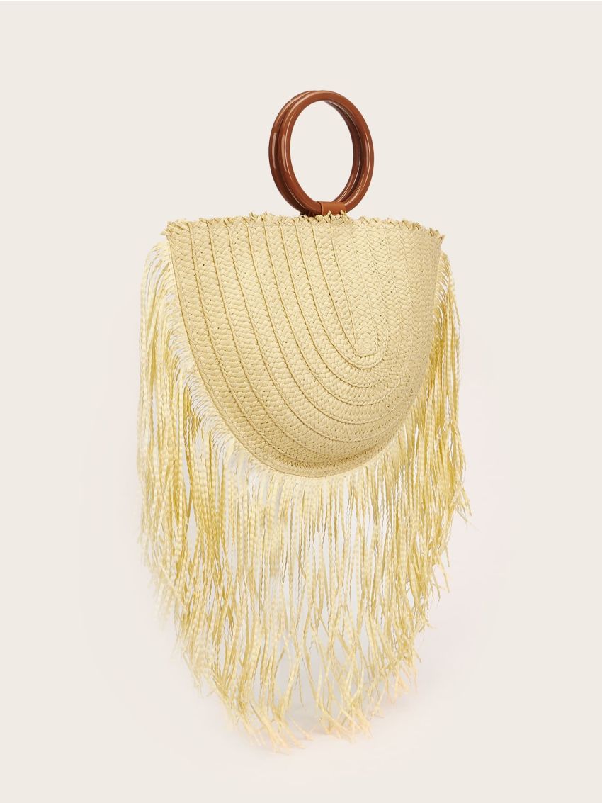 Fringe Decor Plaited Straw Bag