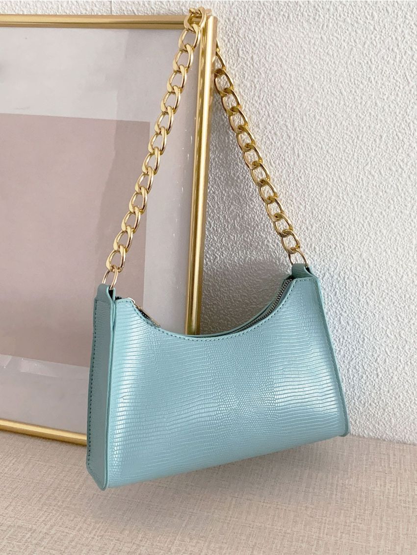 Lizard Embossed Chain Baguette Bag