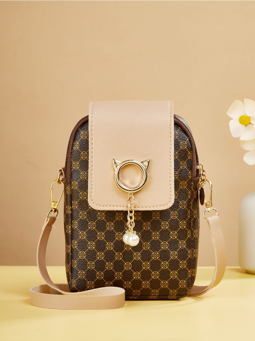 Mini Geo Graphic Faux Pearl Decor Crossbody Bag