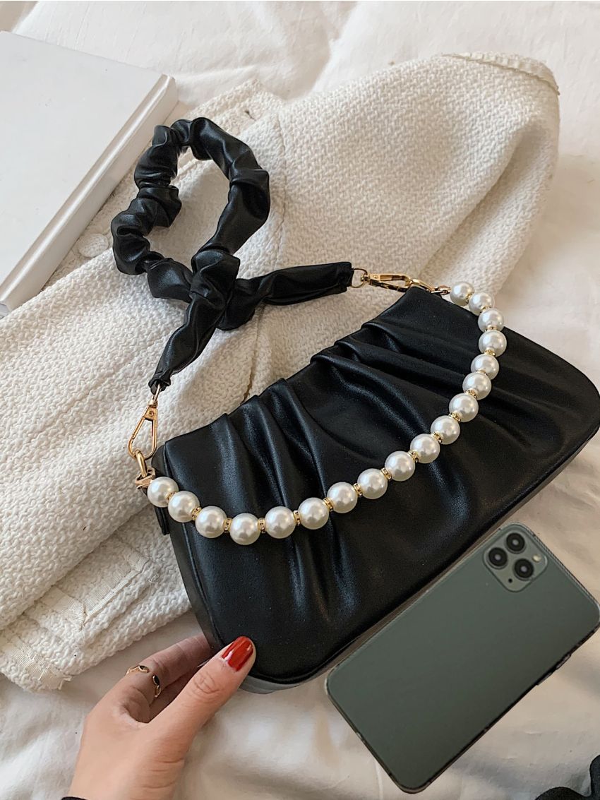 Faux Pearl Decor Ruched Bag