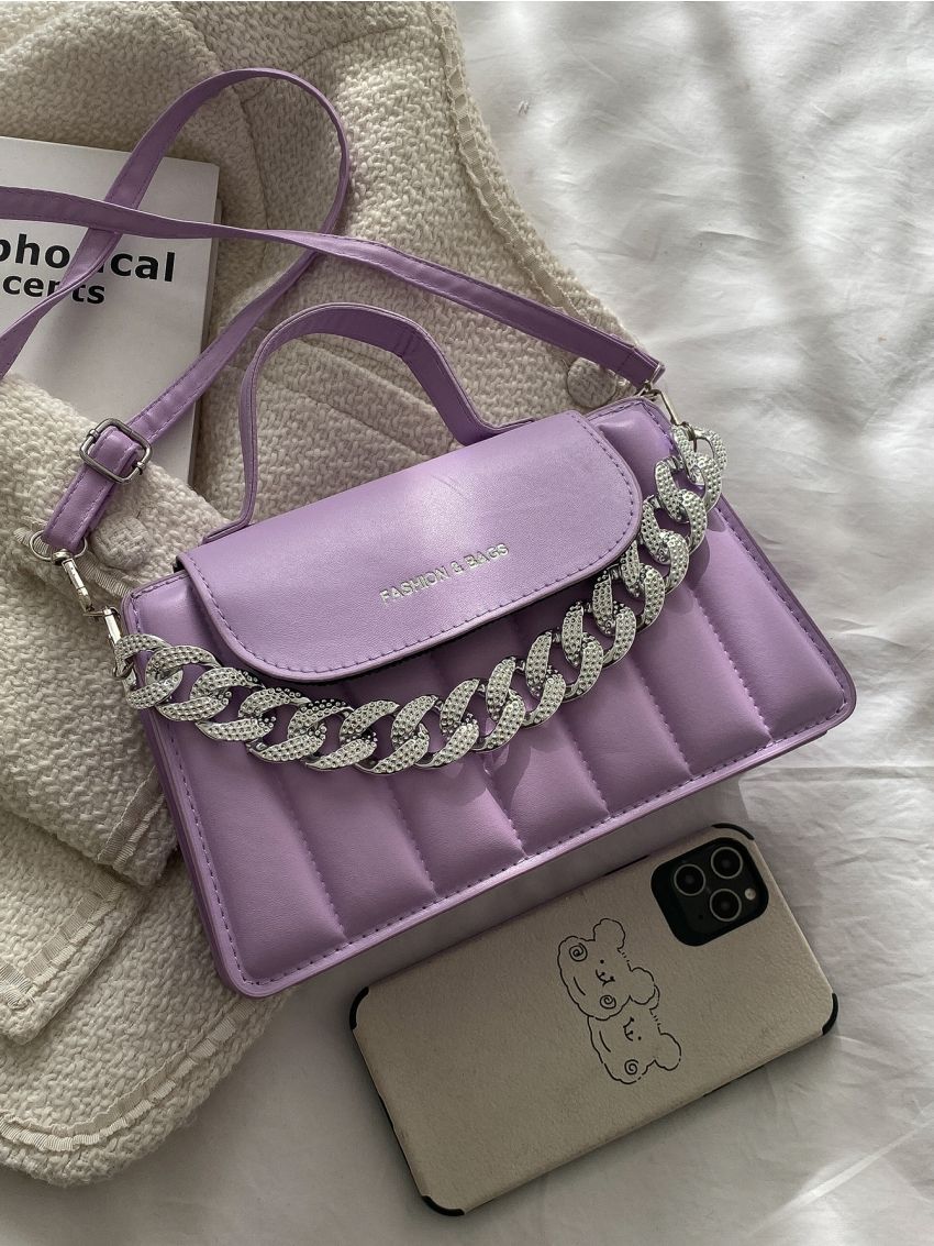 Letter Graphic Chain Decor Flap Square Bag