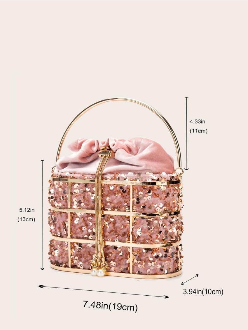 Metallic Sequin Decor Drawstring Bucket Bag