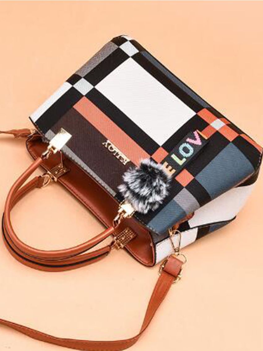 Colorblock Plaid Tote Bag With Pom Pom Charm