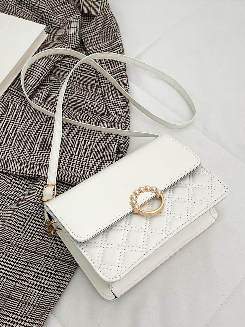 Mini Minimalist Quilted Faux Pearl Decor Flap Square Bag