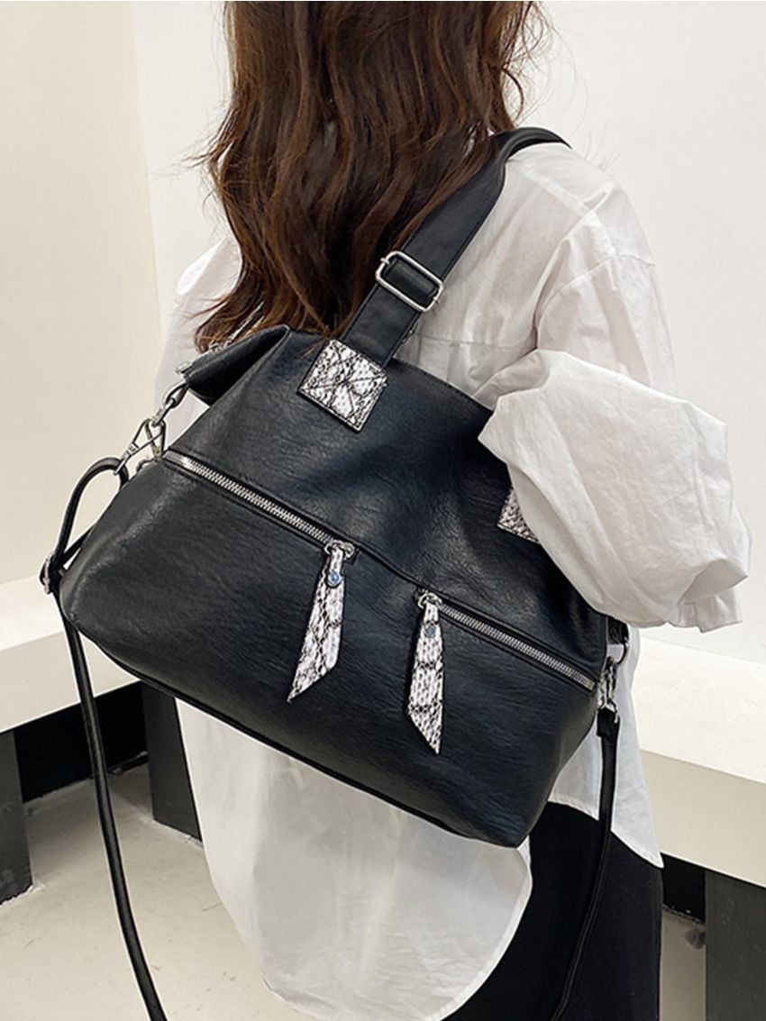 Snakeskin Print Double Zip Large Capacity Shoulder Tote Bag