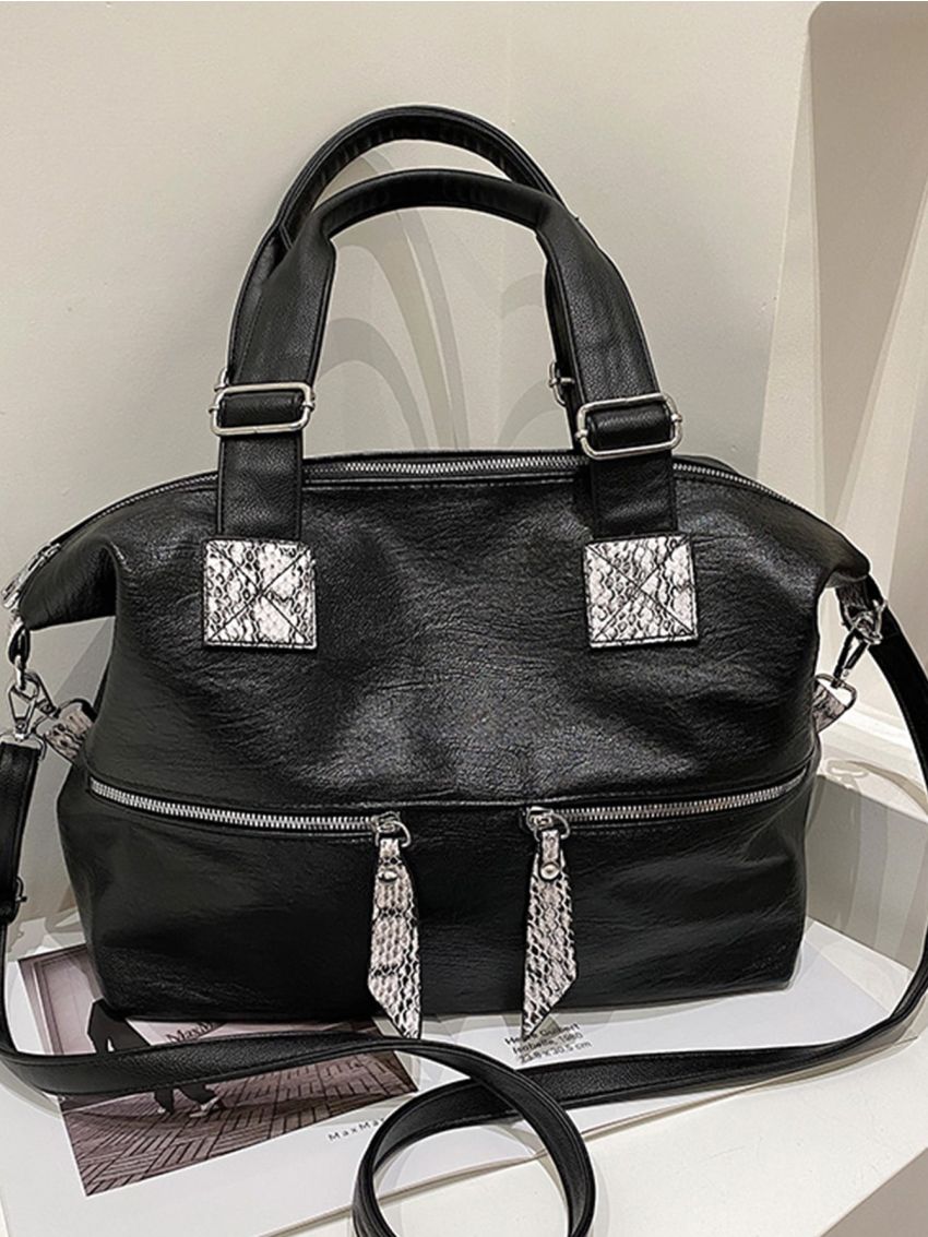 Snakeskin Print Double Zip Large Capacity Shoulder Tote Bag