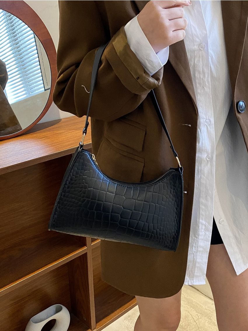 Crocodile Embossed Baguette Bag