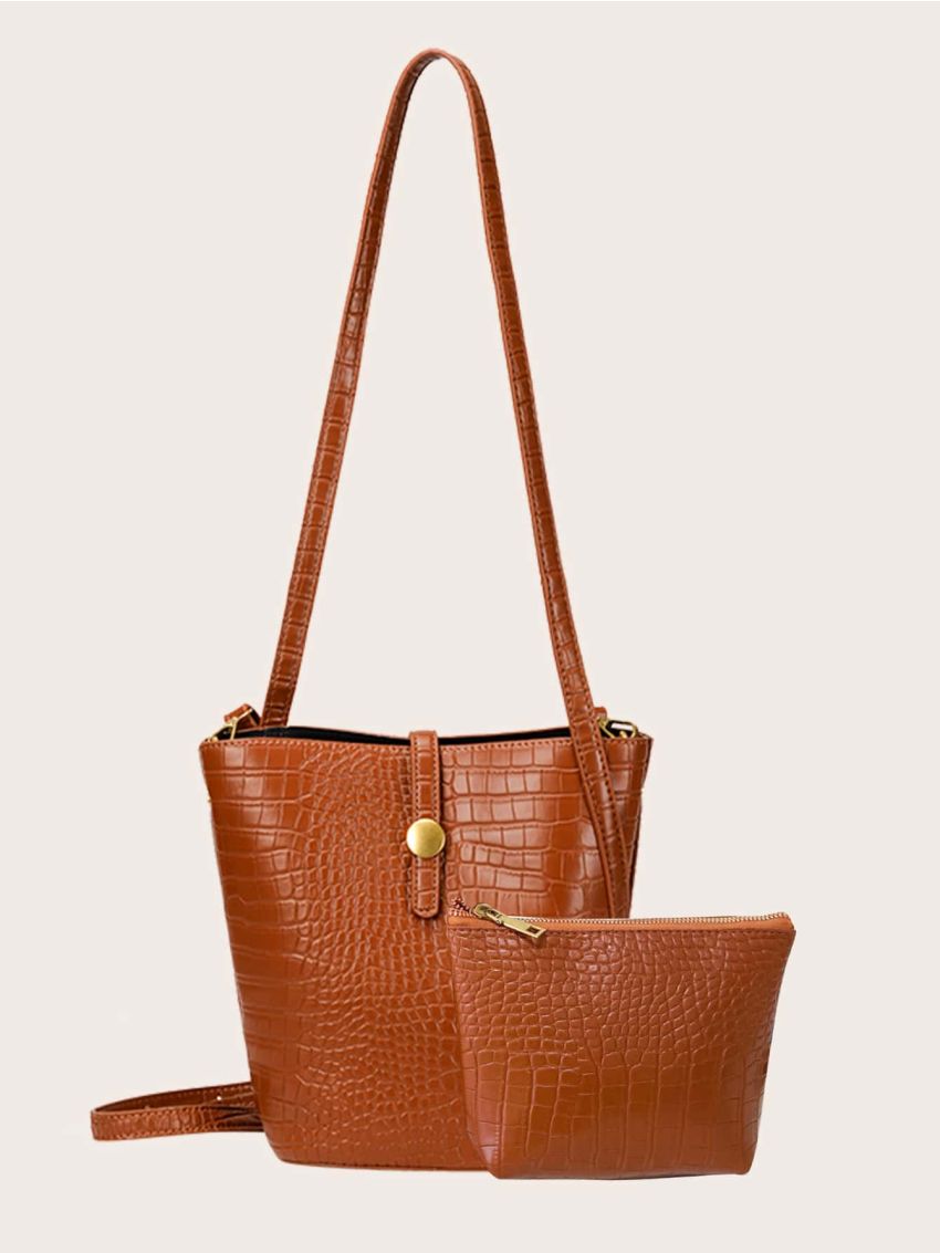 Crocodile Embossed Bucket Bag & Clutch Bag