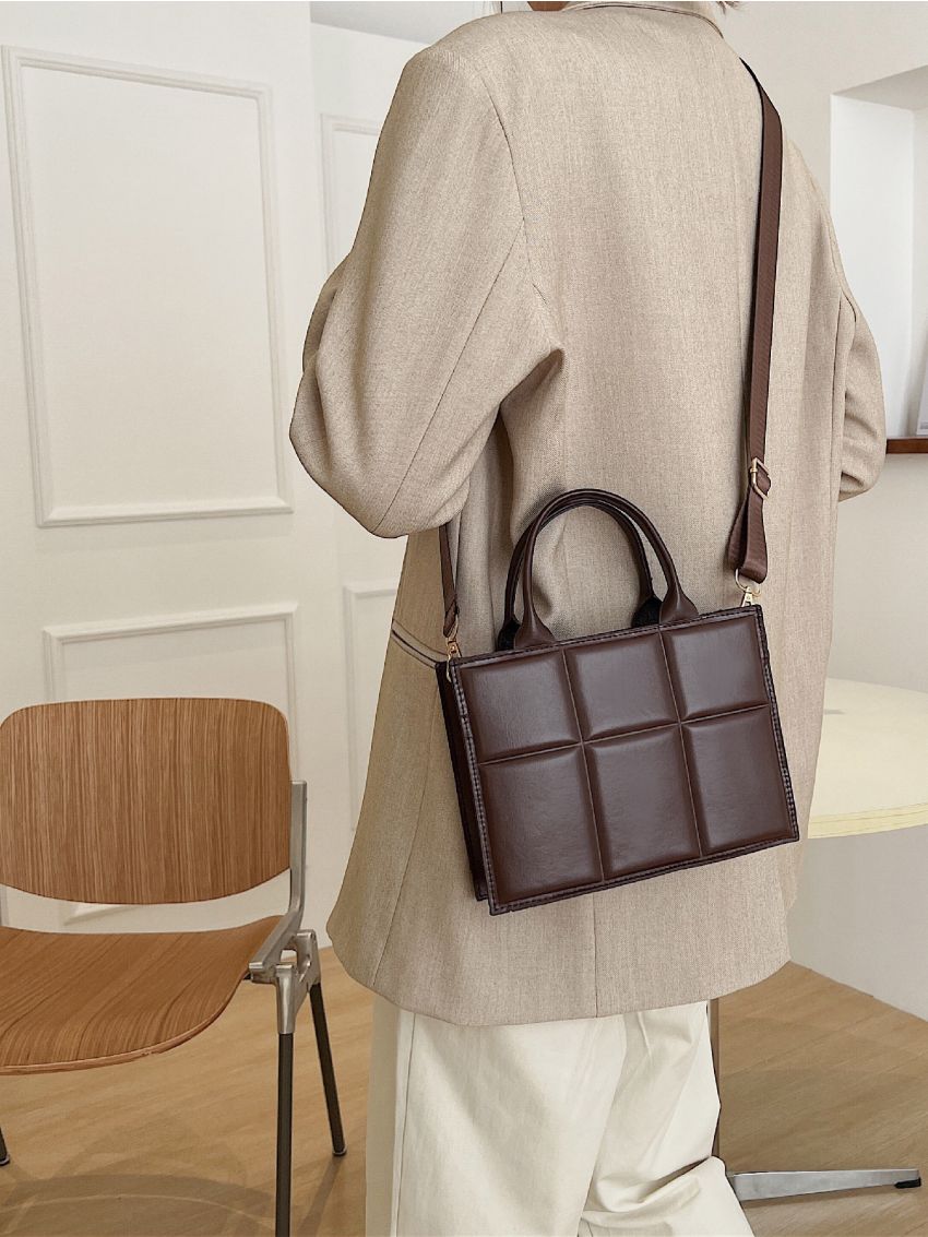 Plaid Embossed Double Handle Square Bag