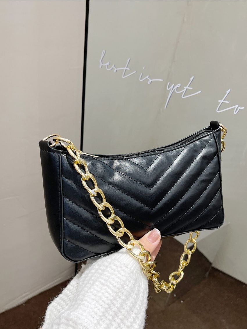 Chevron Chain Decor Baguette Bag