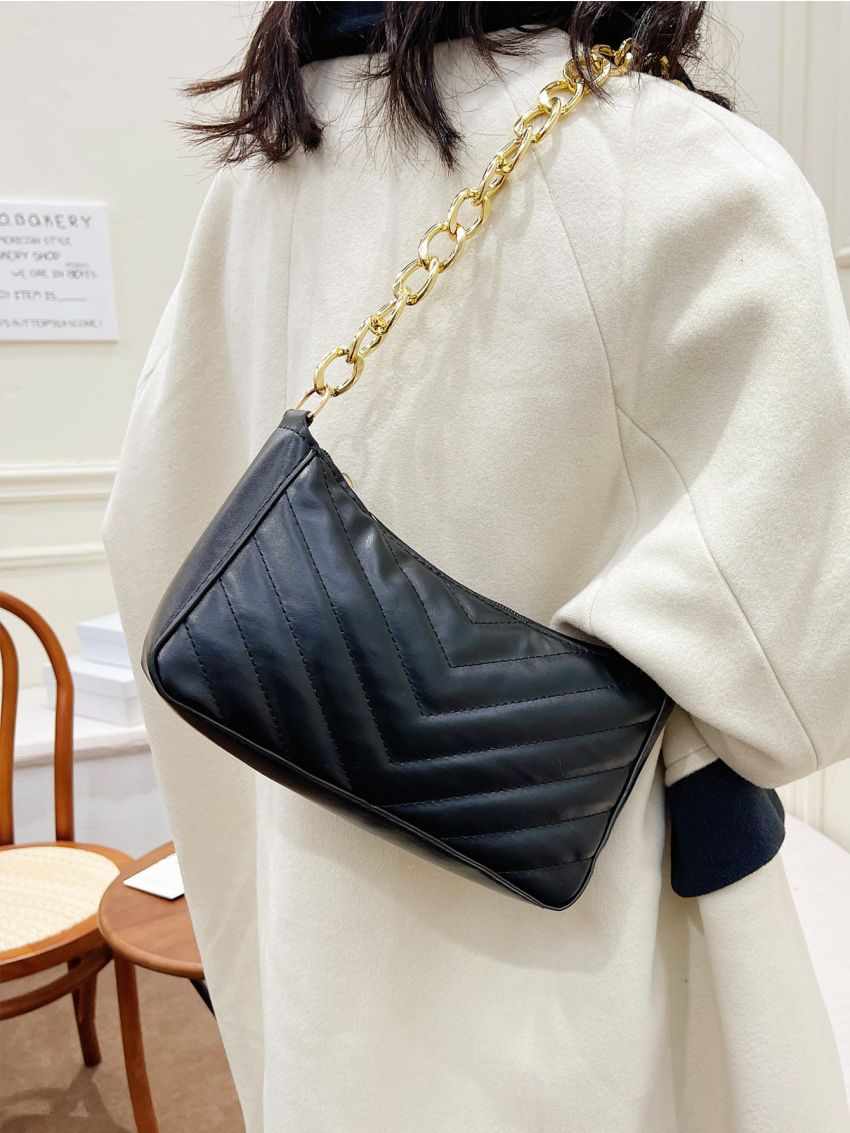 Chevron Chain Decor Baguette Bag