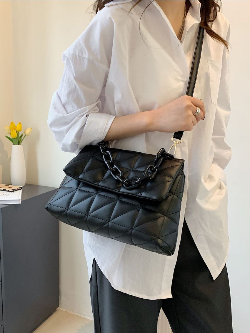 Minimalist Quilted Chain Flap Square Bag