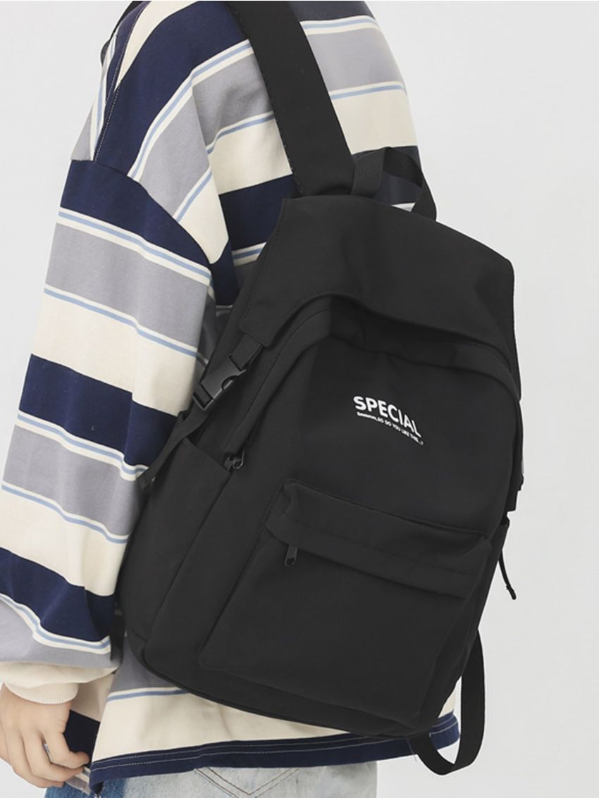 Slogan Graphic Buckle Decor Large Capacity Functional Backpack