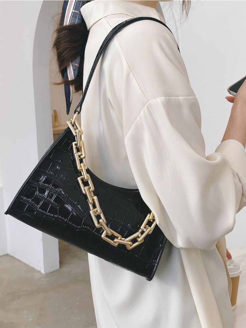 Crocodile Embossed Chain Decor Baguette Bag