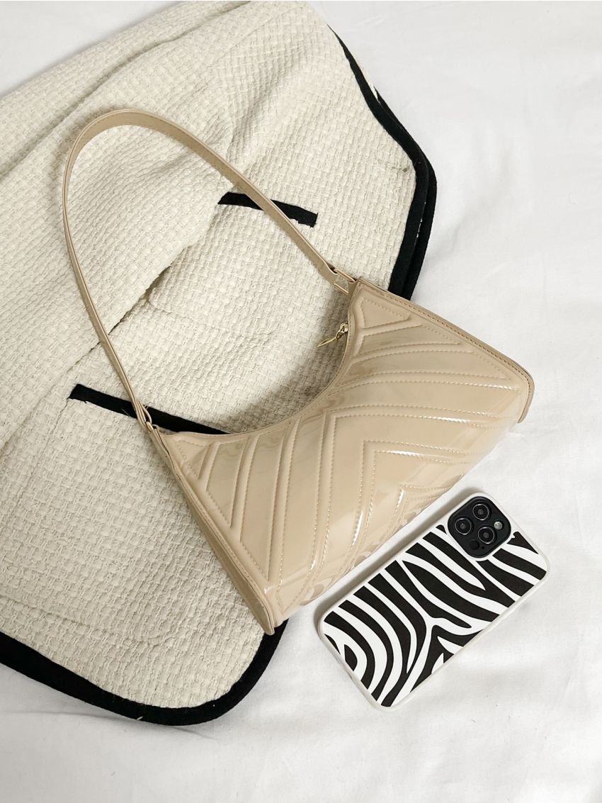 Artificial Patent Leather Chevron Baguette Bag