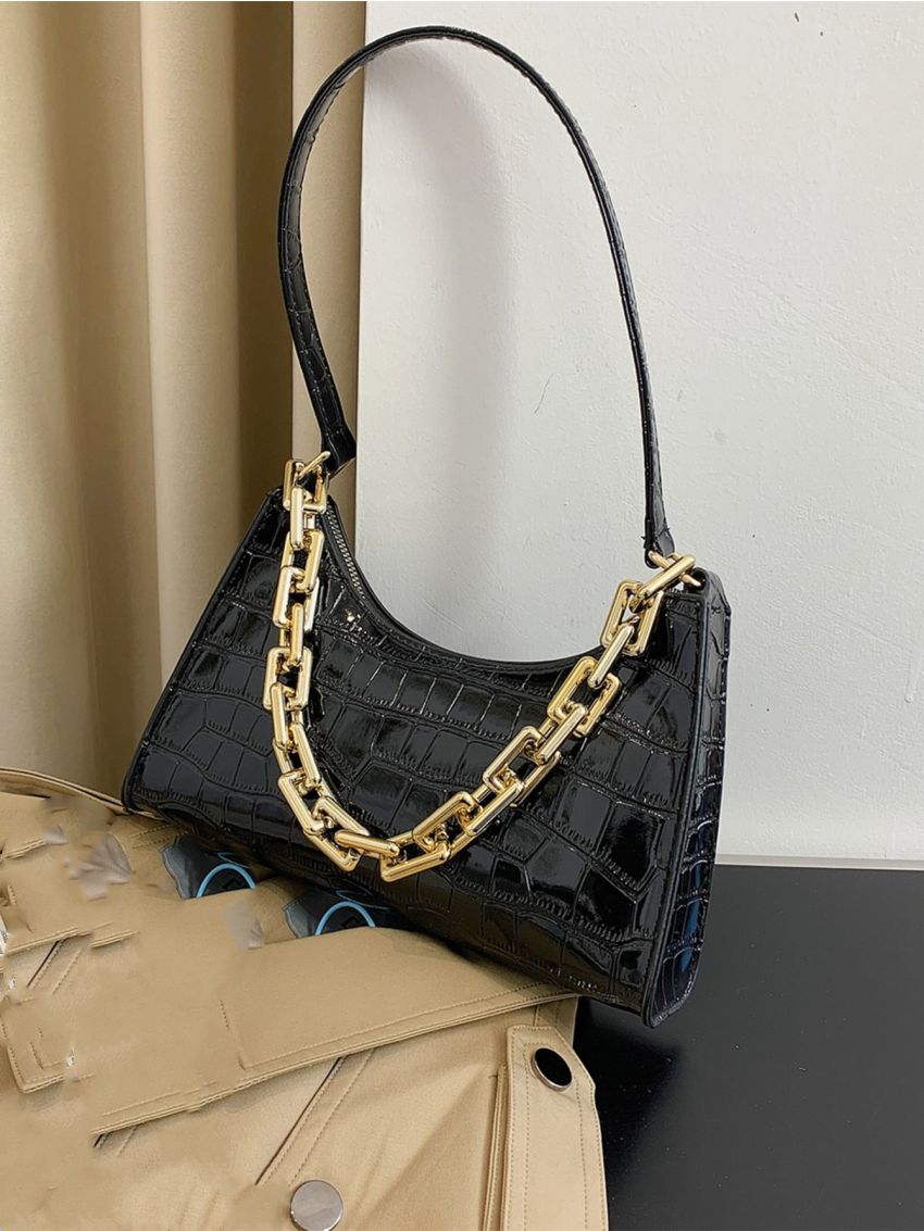 Crocodile Embossed Chain Decor Baguette Bag