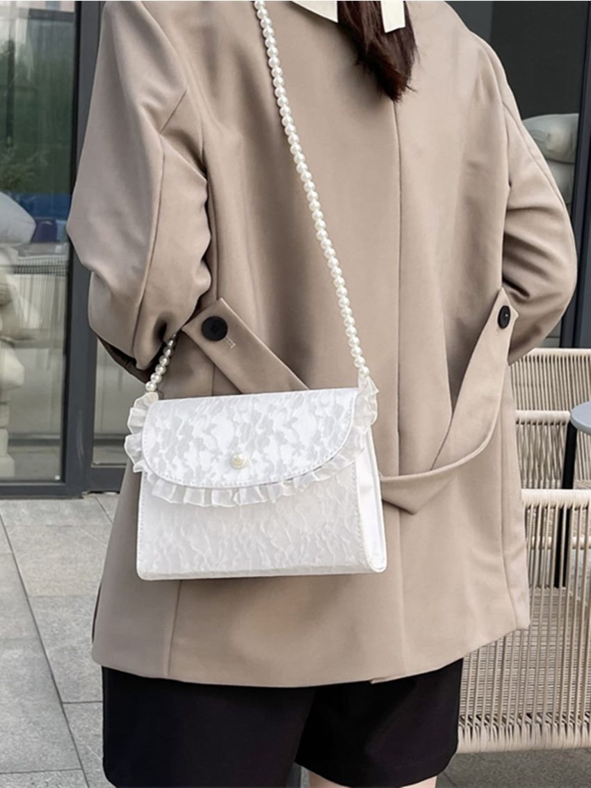 Appliques Frill Trim Faux Pearl Decor Mesh Square Bag