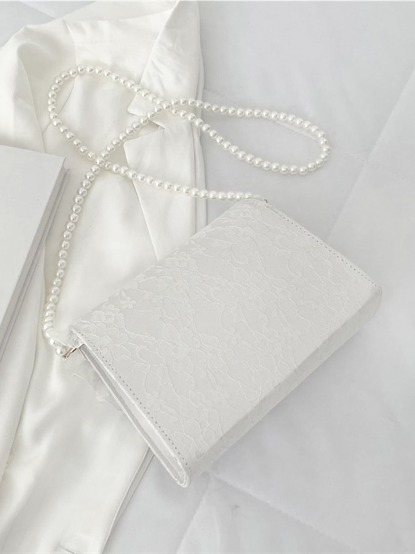 Appliques Frill Trim Faux Pearl Decor Mesh Square Bag