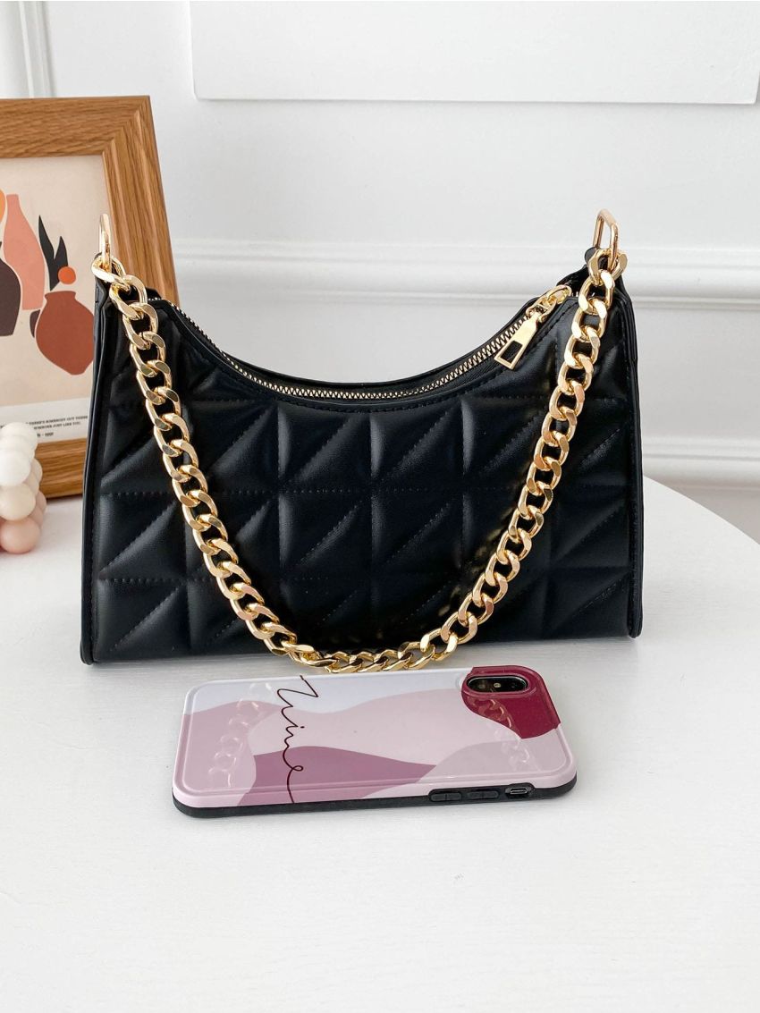 Quilted Chain Zipper Baguette Bag
