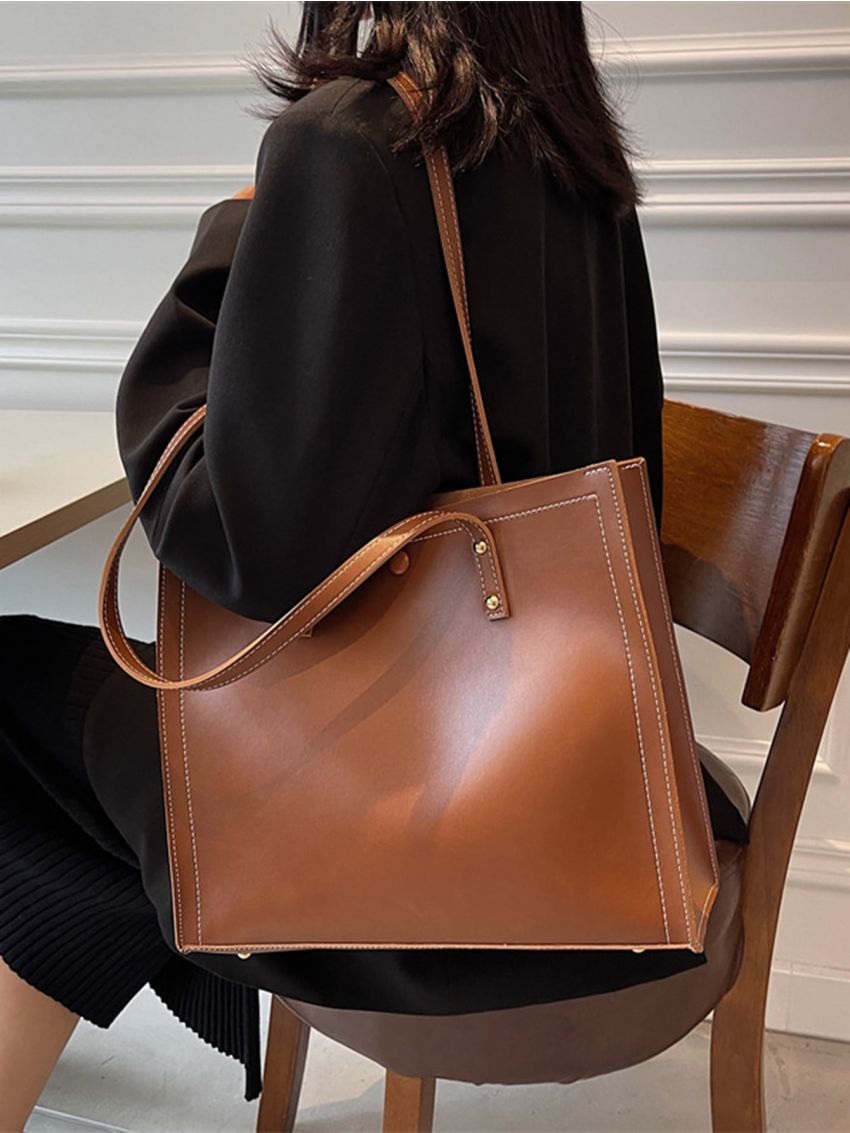 Studded Decor Shoulder Tote Bag With Clutch Bag