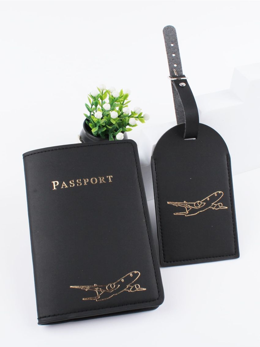 Letter & Plane Graphic Passport Case With Luggage Tag