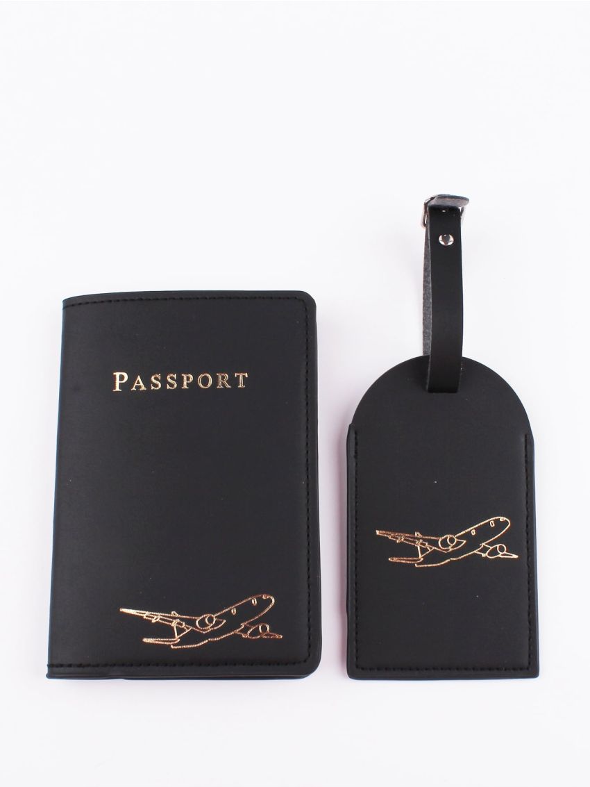 Letter & Plane Graphic Passport Case With Luggage Tag