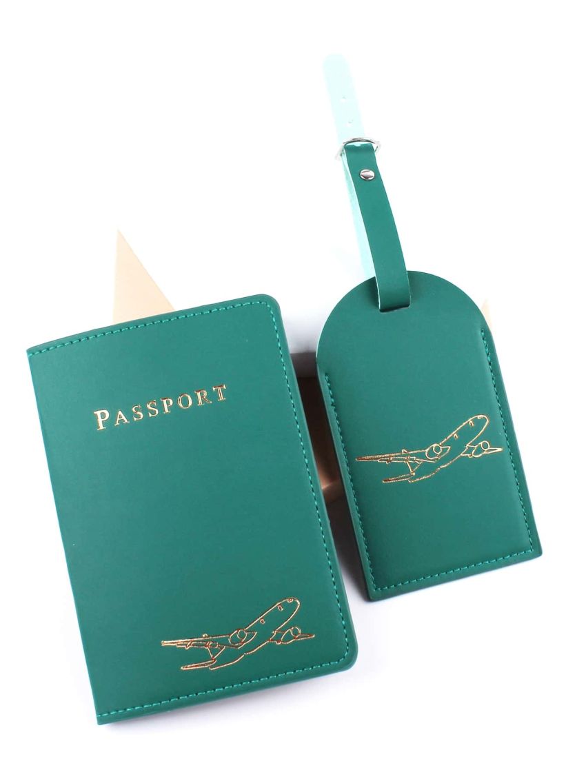 Letter & Plane Graphic Passport Case With Luggage Tag