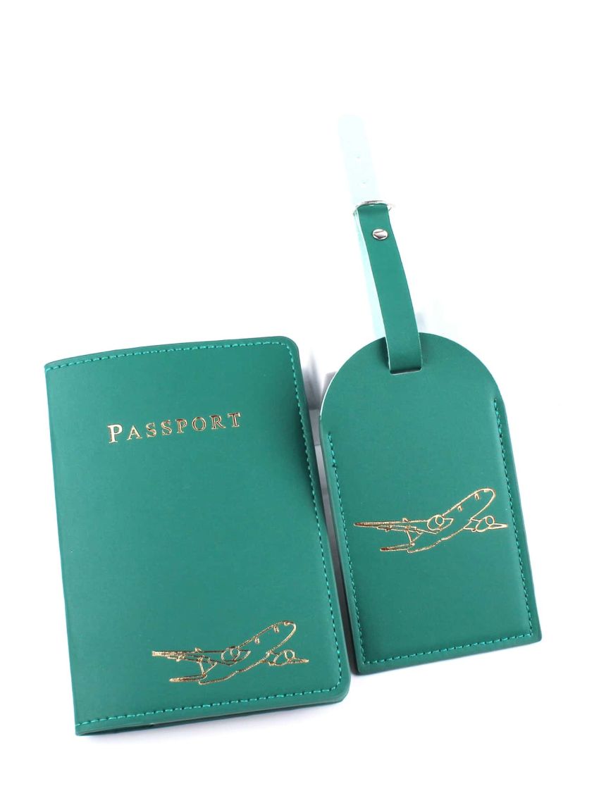 Letter & Plane Graphic Passport Case With Luggage Tag