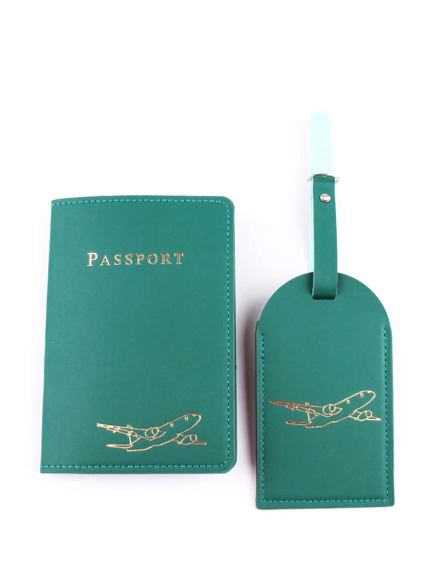 Letter & Plane Graphic Passport Case With Luggage Tag