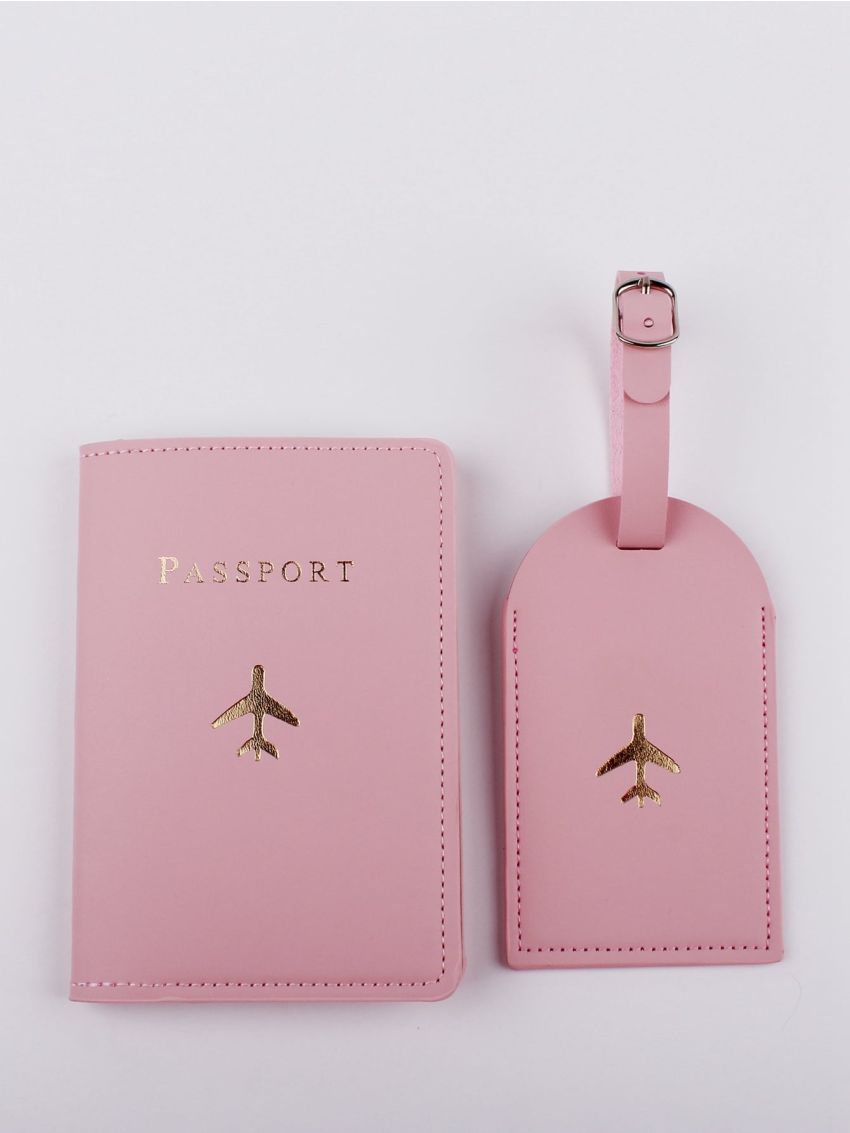 Plane & Letter Graphic Passport Case With Luggage Tag