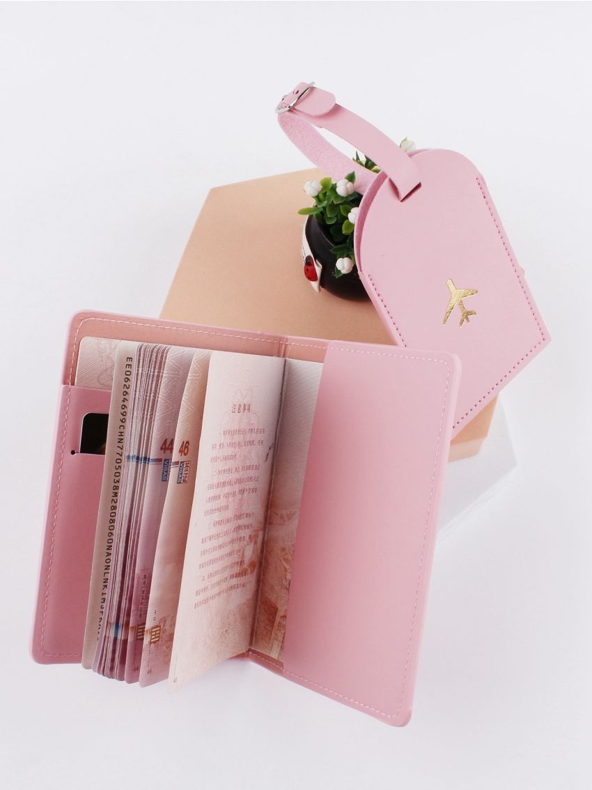 Plane & Letter Graphic Passport Case With Luggage Tag