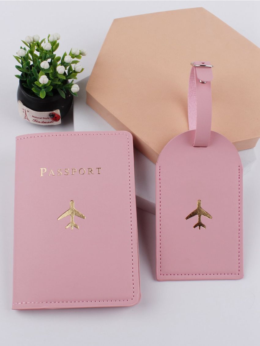 Plane & Letter Graphic Passport Case With Luggage Tag