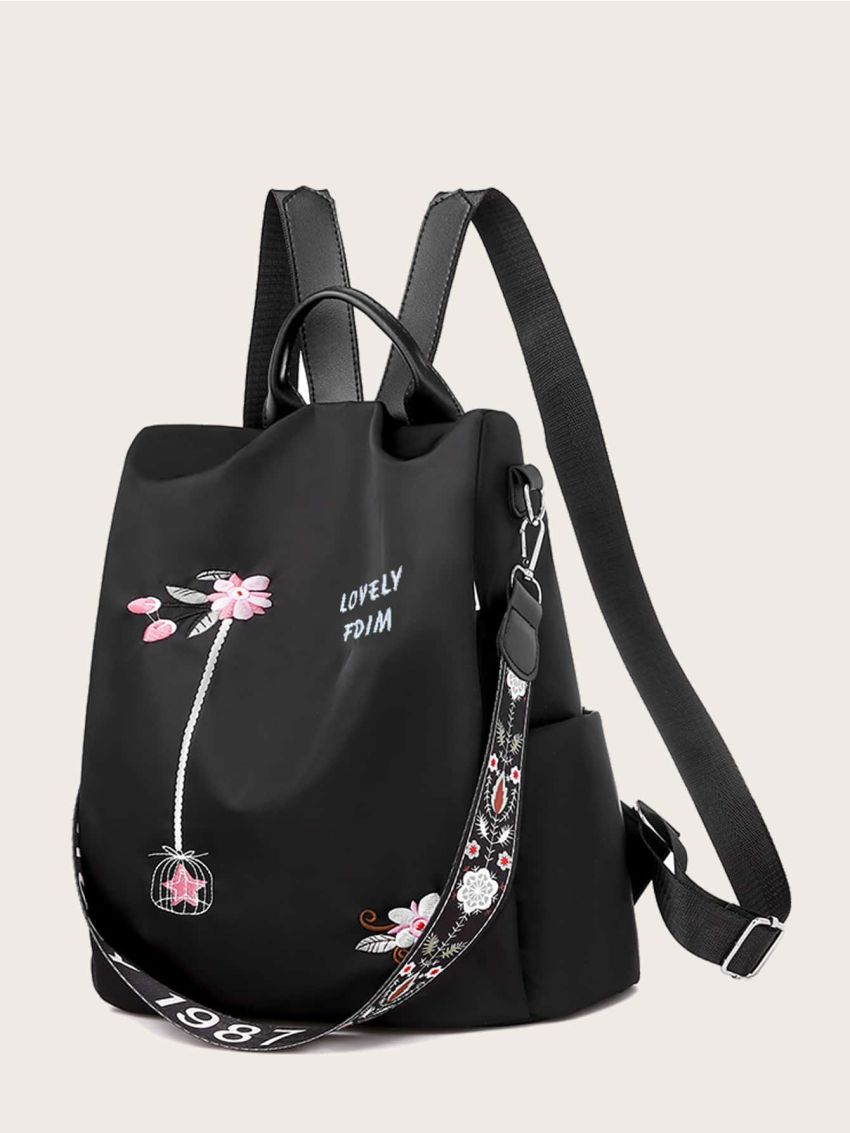 Letter & Floral Embroidery Large Capacity Backpack
